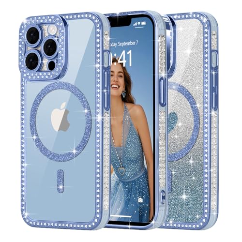 Ethanger für iPhone 13 Pro Hülle [Glitzer Karte mit Herzmuster] Kristall Luxus Glänzend Diamant Handyhülle für Frauen Mädchen Transparent Silikon Case Stoßfest Schutzhülle für iPhone 13 Pro Blau von Ethanger