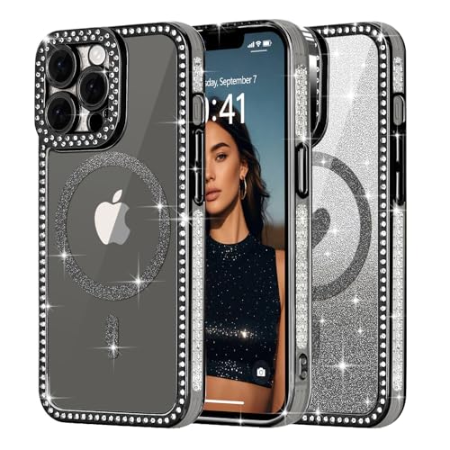 Ethanger für iPhone 13 Pro Max Hülle [Glitzer Karte mit Herzmuster] Kristall Glänzend Diamant Handyhülle für Frauen Mädchen Transparent Silikon Case Stoßfest Schutzhülle für iPhone 13 Pro Max Schwarz von Ethanger