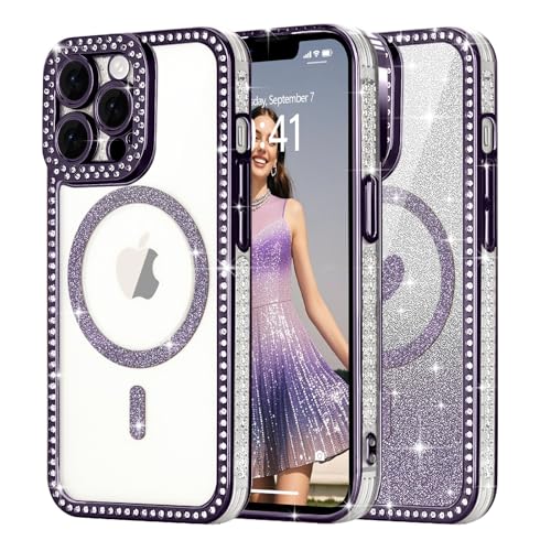 Ethanger für iPhone 13 Pro Max Hülle [Glitzer Karte mit Herzmuster] Kristall Glänzend Diamant Handyhülle für Frauen Mädchen Transparent Silikon Case Stoßfest Schutzhülle für iPhone 13 Pro Max Lila von Ethanger