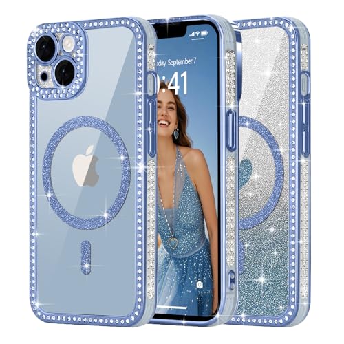 Ethanger für iPhone 14 Hülle [Glitzer Karte mit Herzmuster] Kristall Luxus Glänzend Diamant Handyhülle für Frauen Mädchen Transparent Silikon Case Stoßfest Schutzhülle für iPhone 14 Blau von Ethanger