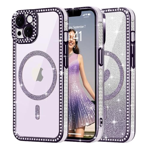Ethanger für iPhone 14 Hülle [Glitzer Karte mit Herzmuster] Kristall Luxus Glänzend Diamant Handyhülle für Frauen Mädchen Transparent Silikon Case Stoßfest Schutzhülle für iPhone 14 Lila von Ethanger