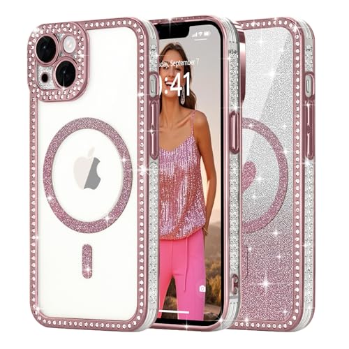 Ethanger für iPhone 14 Hülle [Glitzer Karte mit Herzmuster] Kristall Luxus Glänzend Diamant Handyhülle für Frauen Mädchen Transparent Silikon Case Stoßfest Schutzhülle für iPhone 14 Rosa von Ethanger