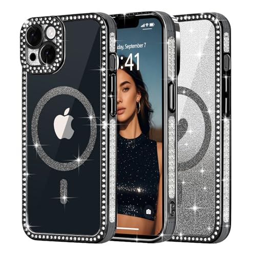 Ethanger für iPhone 14 Hülle [Glitzer Karte mit Herzmuster] Kristall Luxus Glänzend Diamant Handyhülle für Frauen Mädchen Transparent Silikon Case Stoßfest Schutzhülle für iPhone 14 Schwarz von Ethanger
