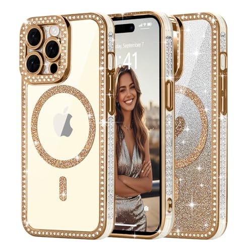Ethanger für iPhone 14 Pro Hülle [Glitzer Karte mit Herzmuster] Kristall Luxus Glänzend Diamant Handyhülle für Frauen Mädchen Transparent Silikon Case Stoßfest Schutzhülle für iPhone 14 Pro Gold von Ethanger