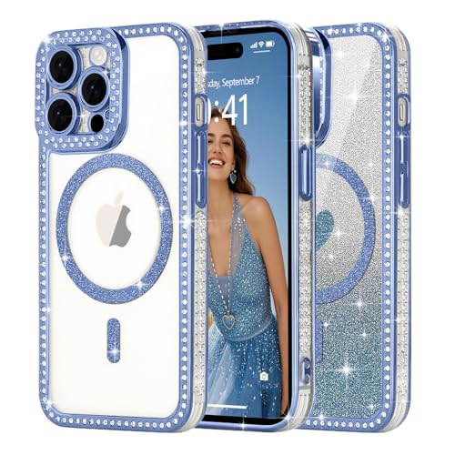 Ethanger für iPhone 14 Pro Hülle [Glitzer Karte mit Herzmuster] Kristall Luxus Glänzend Diamant Handyhülle für Frauen Mädchen Transparent Silikon Case Stoßfest Schutzhülle für iPhone 14 Pro Blau von Ethanger