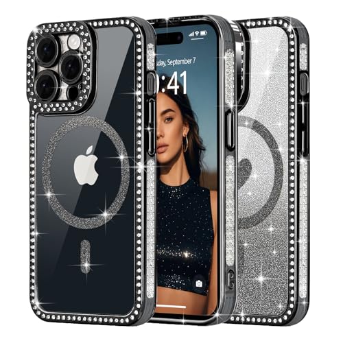 Ethanger für iPhone 14 Pro Max Hülle [Glitzer Karte mit Herzmuster] Kristall Glänzend Diamant Handyhülle für Frauen Mädchen Transparent Silikon Case Stoßfest Schutzhülle für iPhone 14 Pro Max Schwarz von Ethanger