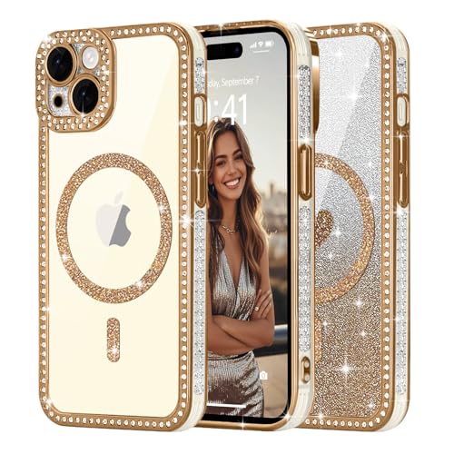 Ethanger für iPhone 15 Hülle [Glitzer Karte mit Herzmuster] Kristall Luxus Glänzend Diamant Handyhülle für Frauen Mädchen Transparent Silikon Case Stoßfest Schutzhülle für iPhone 15 Gold von Ethanger