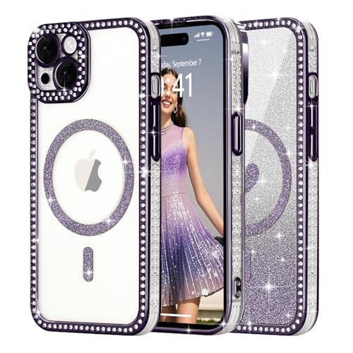 Ethanger für iPhone 15 Hülle [Glitzer Karte mit Herzmuster] Kristall Luxus Glänzend Diamant Handyhülle für Frauen Mädchen Transparent Silikon Case Stoßfest Schutzhülle für iPhone 15 Lila von Ethanger
