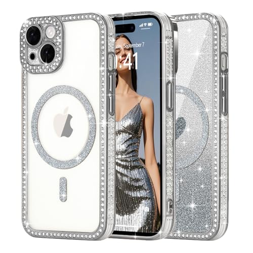 Ethanger für iPhone 15 Hülle [Glitzer Karte mit Herzmuster] Kristall Luxus Glänzend Diamant Handyhülle für Frauen Mädchen Transparent Silikon Case Stoßfest Schutzhülle für iPhone 15 Silber von Ethanger