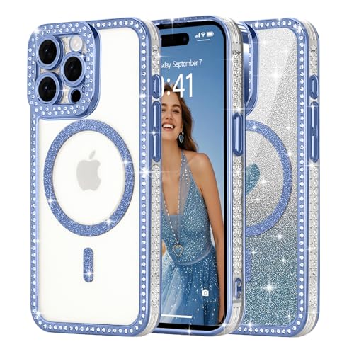 Ethanger für iPhone 15 Pro Hülle [Glitzer Karte mit Herzmuster] Kristall Luxus Glänzend Diamant Handyhülle für Frauen Mädchen Transparent Silikon Case Stoßfest Schutzhülle für iPhone 15 Pro Blau von Ethanger