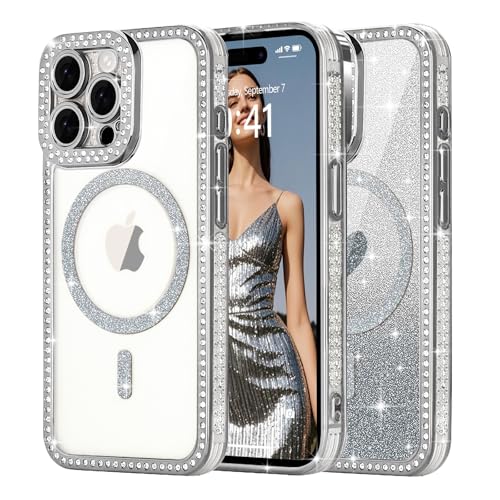 Ethanger für iPhone 15 Pro Hülle [Glitzer Karte mit Herzmuster] Kristall Luxus Glänzend Diamant Handyhülle für Frauen Mädchen Transparent Silikon Case Stoßfest Schutzhülle für iPhone 15 Pro Silber von Ethanger