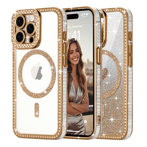 Ethanger für iPhone 15 Pro Max Hülle [Glitzer Karte mit Herzmuster] Kristall Glänzend Diamant Handyhülle für Frauen Mädchen Transparent Silikon Case Stoßfest Schutzhülle für iPhone 15 Pro Max Gold von Ethanger