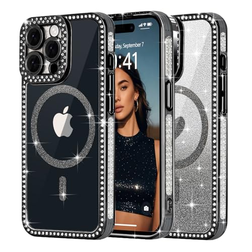 Ethanger für iPhone 15 Pro Max Hülle [Glitzer Karte mit Herzmuster] Kristall Glänzend Diamant Handyhülle für Frauen Mädchen Transparent Silikon Case Stoßfest Schutzhülle für iPhone 15 Pro Max Schwarz von Ethanger