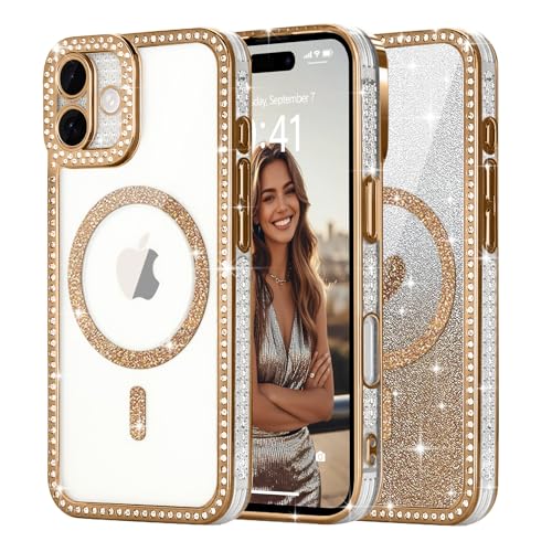 Ethanger für iPhone 16 Hülle [Glitzer Karte mit Herzmuster] Kristall Luxus Glänzend Diamant Handyhülle für Frauen Mädchen Transparent Silikon Case Stoßfest Schutzhülle für iPhone 16 Gold von Ethanger
