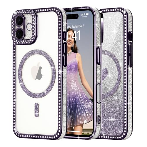 Ethanger für iPhone 16 Hülle [Glitzer Karte mit Herzmuster] Kristall Luxus Glänzend Diamant Handyhülle für Frauen Mädchen Transparent Silikon Case Stoßfest Schutzhülle für iPhone 16 Lila von Ethanger
