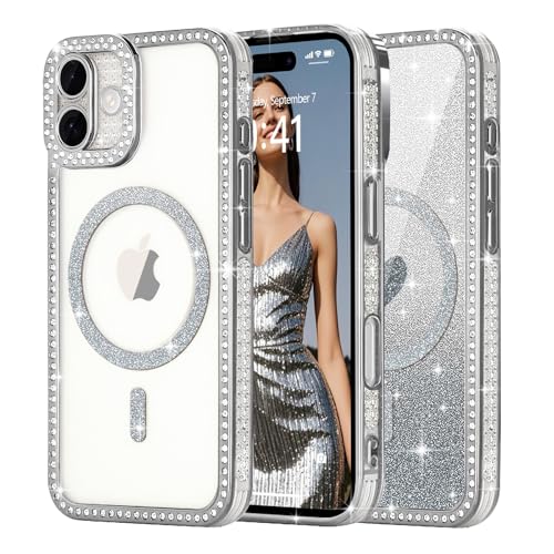 Ethanger für iPhone 16 Hülle [Glitzer Karte mit Herzmuster] Kristall Luxus Glänzend Diamant Handyhülle für Frauen Mädchen Transparent Silikon Case Stoßfest Schutzhülle für iPhone 16 Silber von Ethanger