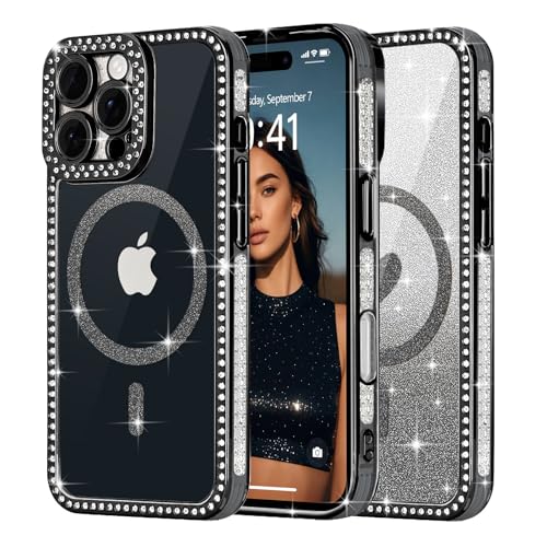Ethanger für iPhone 16 Pro Hülle [Glitzer Karte mit Herzmuster] Kristall Luxus Glänzend Diamant Handyhülle für Frauen Mädchen Transparent Silikon Case Stoßfest Schutzhülle für iPhone 16 Pro Schwarz von Ethanger