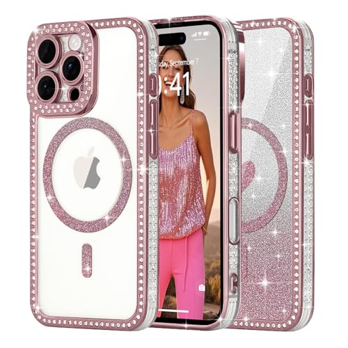 Ethanger für iPhone 16 Pro Hülle [Glitzer Karte mit Herzmuster] Kristall Luxus Glänzend Diamant Handyhülle für Frauen Mädchen Transparent Silikon Case Stoßfest Schutzhülle für iPhone 16 Pro Rosa von Ethanger