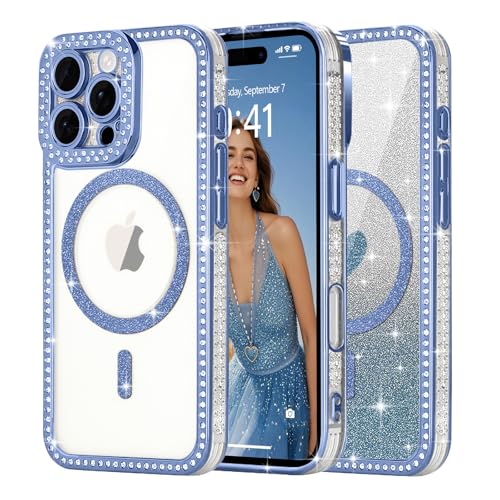 Ethanger für iPhone 16 Pro Max Hülle [Glitzer Karte mit Herzmuster] Kristall Glänzend Diamant Handyhülle für Frauen Mädchen Transparent Silikon Case Stoßfest Schutzhülle für iPhone 16 Pro Max Blau von Ethanger