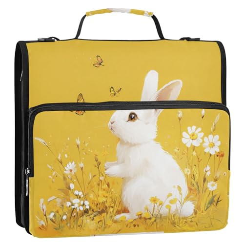 Cartoon Rabbit White 3 Rings Binder with Zipper with Handle Waterproof Documents Files Storage Bag for Office School Carpeta de cremallera von EtherSpher
