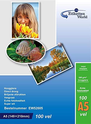 EtikettenWorld BV Fotopapier, A5 260g/m², Hochglanz (wasserfest, für Tintenstrahl- und Fotodrucker) von EtikettenWorld