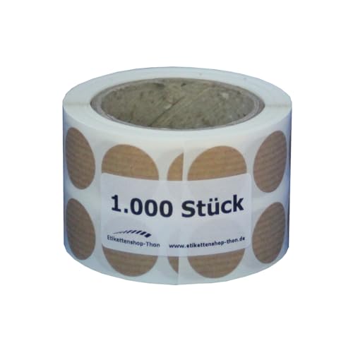 Kraftpapier Aufkleber, rund, Durchmesser 20,30,40,50,60,80 und 100 mm, rechteckig 50x50, 75x50 und 100x50 mm, Etiketten - selbstklebend zum beschriften, braun (Durchmesser 20 mm - 1000 Stück) von Etikettenshop-Thon