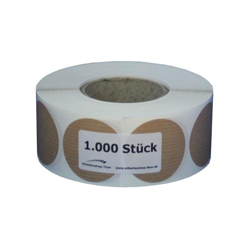 Kraftpapier Aufkleber, rund, Durchmesser 20,30,40,50,60,80 und 100 mm, rechteckig 50x50, 75x50 und 100x50 mm, Etiketten - selbstklebend zum beschriften, braun (Durchmesser 40 mm - 1000 Stück) von Etikettenshop-Thon
