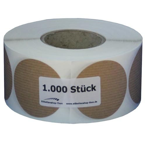 Kraftpapier Aufkleber, rund, Durchmesser 20,30,40,50,60,80 und 100 mm, rechteckig 50x50, 75x50 und 100x50 mm, Etiketten - selbstklebend zum beschriften, braun (Durchmesser 50 mm - 1000 Stück) von Etikettenshop-Thon