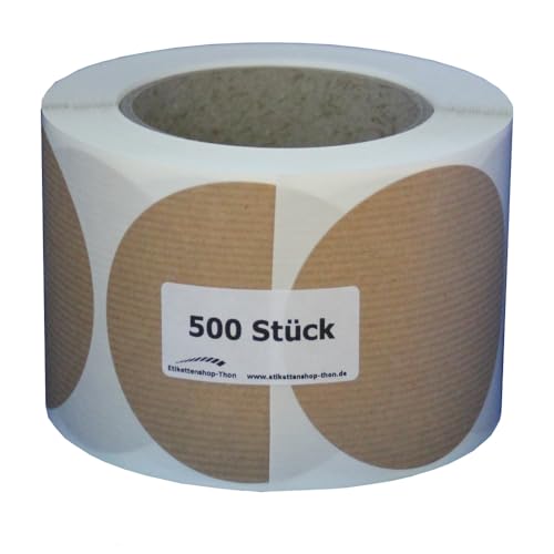 Kraftpapier Aufkleber, rund, Durchmesser 20,30,40,50,60,80 und 100 mm, rechteckig 50x50, 75x50 und 100x50 mm, Etiketten - selbstklebend zum beschriften, braun (Durchmesser 80 mm - 500 Stück) von Etikettenshop-Thon