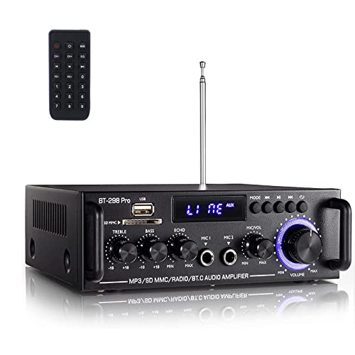 Etlephe 298 Pro Mini Verstärker, Bluetooth-Empfänger, Audioverstärker, Max 500 W x 2 RMS, 50 W x 2, 2-Kanal-HiFi-Verstärker, Heimkino-Stereo-Receiver, Höhen und Bässe mit USB/RCA/MIC/FM von Etlephe