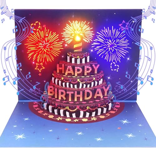Geburtstagskarte mit Musik und Licht Feuerwerk Happy Birthday Geburtstagskarten 3D Pop Up Karte Geburtstag für Frauen Männer Kinder Mädchen Freundin,mit Umschlägen von Etomvoop