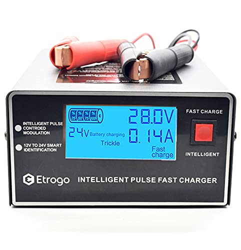 Etrogo Autobatterieladegerät 12V 24V 250W 10A Intelligentes Pulsladegerät mit automatischer Erkennung Reparatur Wartungsfunktion Schwarz von Etrogo