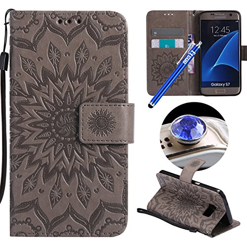 Etsue Kompatibel mit Samsung Galaxy S7 Brieftasche Hülle Blumen Handytasche Bookstyle Schutzhülle Mandala Blumen Leder Hülle Handyhülle Flip Hülle Wallet Case Cover Ledertasche mit Kartenfach,Grau von Etsue