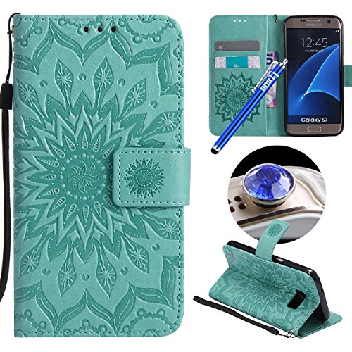 Etsue Kompatibel mit Samsung Galaxy S7 Handyhülle Blumen Handytasche Brieftasche Hülle Bookstyle Schutzhülle Mandala Blumen Leder Hülle Flip Case Cover Ledertasche Kartenfach Magnetverschluss,Grün von Etsue