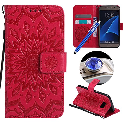 Etsue Kompatibel mit Samsung Galaxy S7 Handyhülle Handytasche Brieftasche Hülle Bookstyle Schutzhülle Mandala Blumen Prägung Lederhülle Flip Case Cover Leder Tasche Klapphülle Kartenfächer,Hot Pink von Etsue