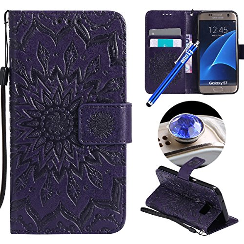 Etsue Kompatibel mit Samsung Galaxy S7 Handyhülle Lederhülle Leder Tasche Retro Mandala Blumen Muster Handy Hüllen Brieftasche Klapphülle Handytasche Flip Wallet Case Cover Kartenfächer,Lila von Etsue