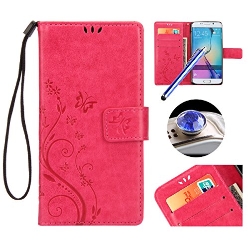 Etsue Kompatibel mit Samsung Galaxy S7 Handytasche Hülle Handy Hüllen Flip Wallet Schutzhülle Brieftasche Leder Tasche Lederhülle Bookstyle Klapphülle Magnetverschluss,Schmetterling,Hot Pink von Etsue