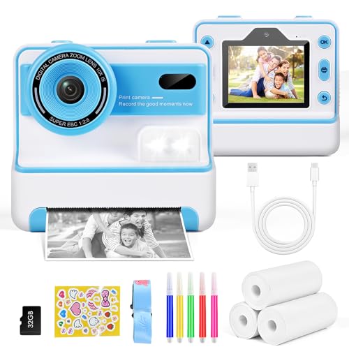 Euakee Sofortbildkamera Kinder, 26MP Sofortbildkamera mit 32GB Karte & Druckpapier, 1080P Kamera Kinder Sofortdruck, Druckpapier & Farbigen Stiften, Geschenk für 3-12 Jungen und Mädchen (Blau) von Euakee