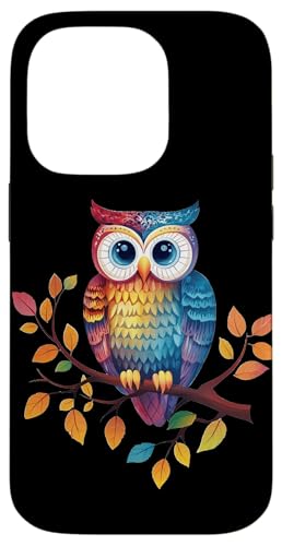Eule auf Zweig mit Blätter auf Baum Eulen mit großen Augen Hülle für iPhone 14 Pro von Eulen Designs für Frühling und Herbst