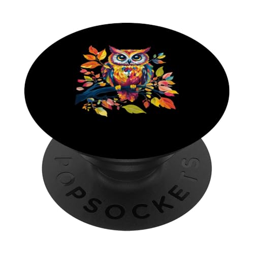 Eule auf Zweig mit Blätter auf Baum Eulen mit großen Augen PopSockets Klebender PopGrip Eule auf Zweig mit Blätter auf Baum Eulen mit großen Augen PopSockets Klebender PopGrip von Eulen Designs für Frühling und Herbst