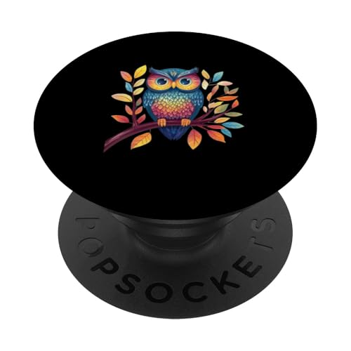 Eule auf Zweig mit Blätter auf Baum Eulen mit großen Augen PopSockets Klebender PopGrip Eule auf Zweig mit Blätter auf Baum Eulen mit großen Augen PopSockets Klebender PopGrip von Eulen Designs für Frühling und Herbst