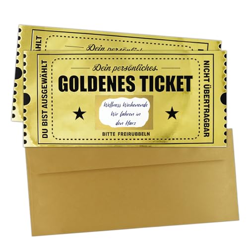 2 Stück Goldenes Ticket | Freirubbeln Gutschein zum selber ausfüllen mit Rubbelaufkleber | Rubbelkarte zum beschriften | Geschenke Frauen Geburtstagsgeschenk Geschenkidee Männer von Eummel