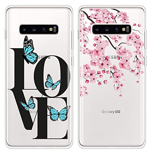 EuoDuo 2X Hüllen kompatibel mit Samsung Galaxy S10 Transparent Kirschblüten Schmetterling Muster Handyhülle Dünne Weiche TPU Silikon Schutzhülle Cover für Galaxy S10 von EuoDuo