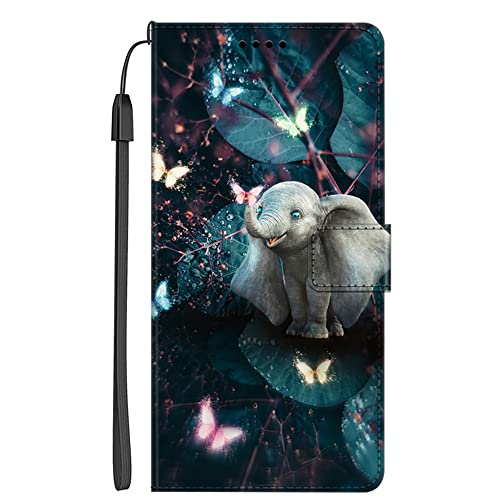 EuoDuo Kompatibel mit Google Pixel 7a Hülle zum Klappen PU Leder Handyhülle Handytasche mit Tier Motiv Magnet Kartenfach Klapphülle Bumper Schutzhülle - Schmetterling Elefant von EuoDuo