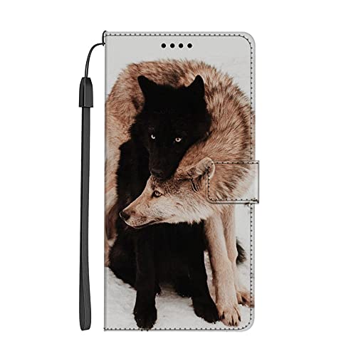 EuoDuo Kompatibel mit Huawei Nova Y70 Hülle zum Klappen PU Leder Handyhülle Handytasche mit Tier Motiv Magnet Kartenfach Klapphülle Bumper Schutzhülle - Schwarz Braun Wolf von EuoDuo