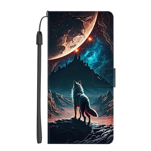 EuoDuo Kompatibel mit Oppo A16s / Oppo A16 Hülle zum Klappen PU Leder Handyhülle Handytasche mit Motiv Klapphülle Flip Cover Etui Schutzhülle - Wolf in Nacht von EuoDuo