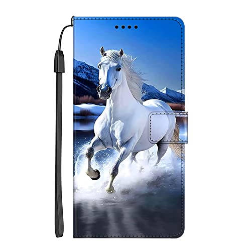 EuoDuo Kompatibel mit Samsung Galaxy A04s / A13 5G PU Leder Hülle Wallet Flip Case Handy Tasche Klapphülle Handyhülle mit Kartenfach Magnet Silikon Bumper Schutzhülle - Blau Weißes Pferd von EuoDuo