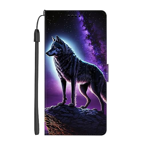 EuoDuo Kompatibel mit Samsung Galaxy A04s / Galaxy A13 5G Hülle zum Klappen Handyhülle PU Leder Handytasche mit Blume Motiv Magnet Tasche Flip Cover Etui Schutzhülle - Galaxie Wolf von EuoDuo