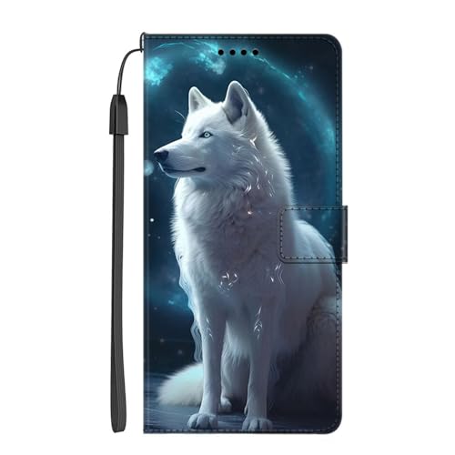 EuoDuo Kompatibel mit Samsung Galaxy A04s Hülle zum Klappen PU Leder Handyhülle Handytasche mit Motiv Klapphülle Flip Cover Etui Schutzhülle - Blau Weiß Wolf von EuoDuo