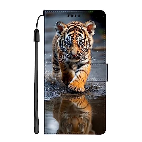 EuoDuo Kompatibel mit Samsung Galaxy A12 Hülle zum Klappen Handyhülle PU Leder Handytasche mit Muster Magnet Tasche Flip Cover Etui Schutzhülle - Kleiner Tiger von EuoDuo